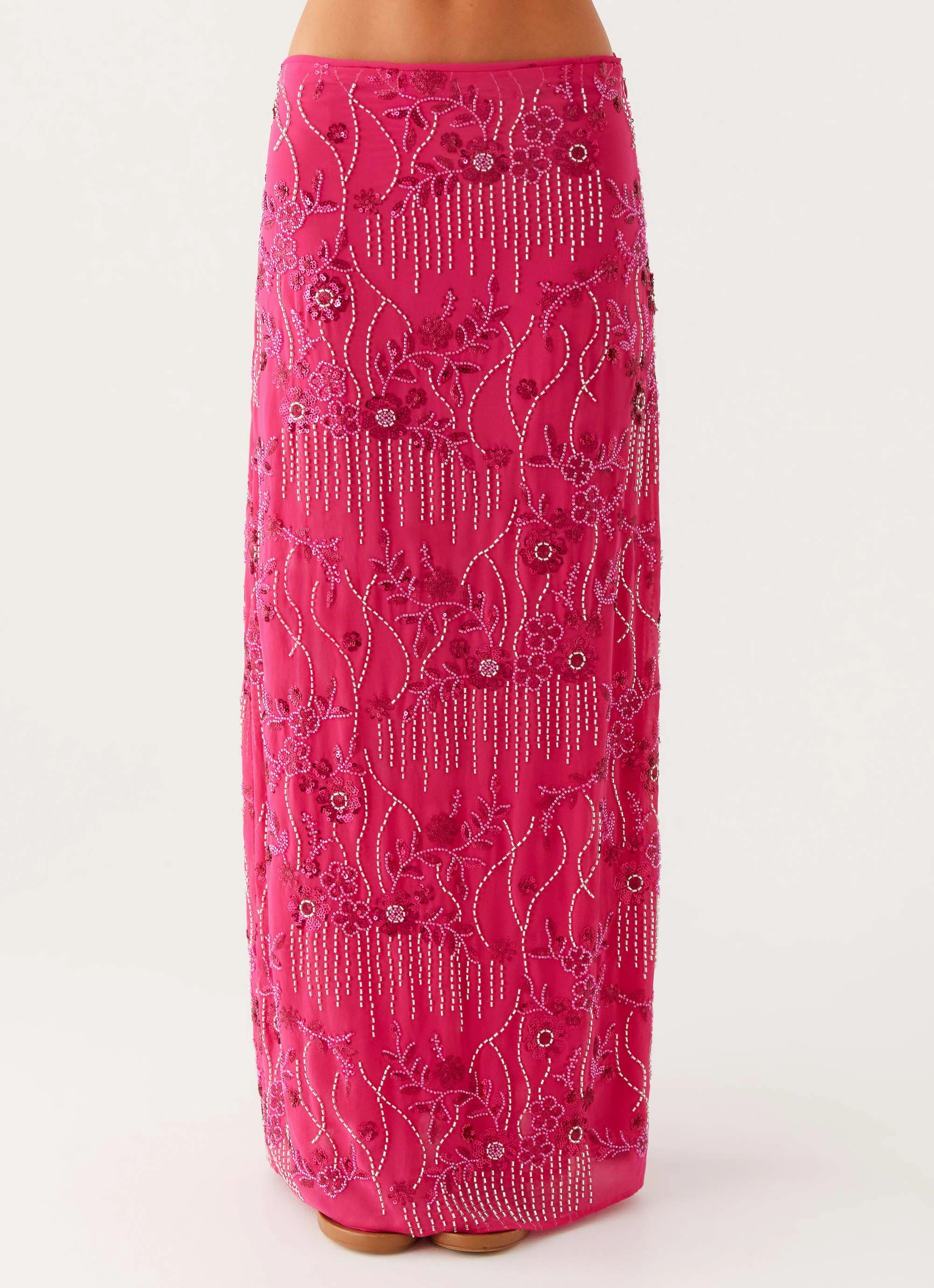 Sweat Wicking Lining Anti Slip Waistband Corinna Low Rise Sequin Maxi Skirt - Fuchsia