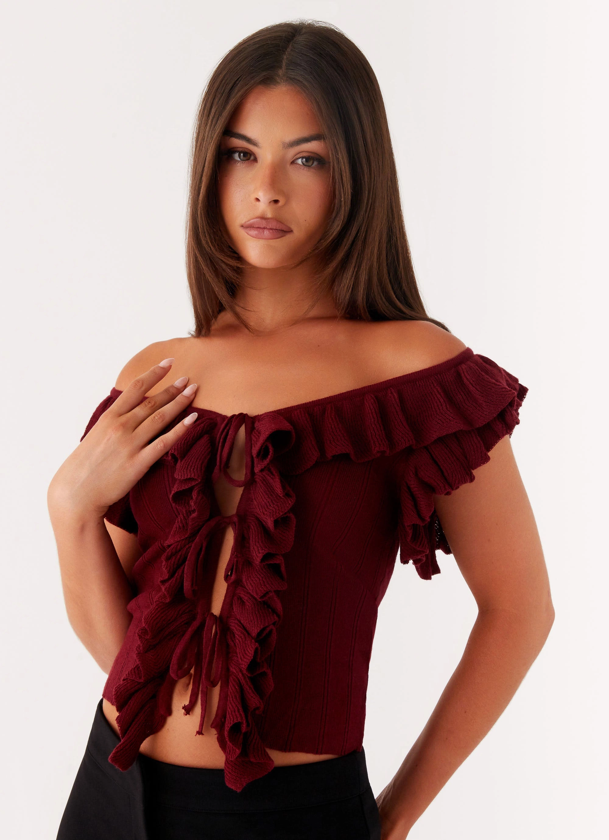 Keeta Frill Top - Burgundy MultiPocketDesign Eco Friendly Material