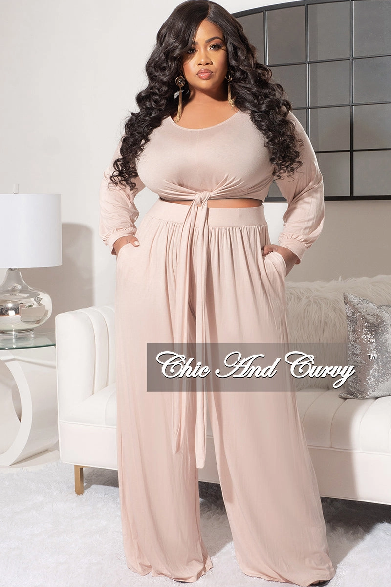 Final Sale Plus Size 2pc Long Sleeve Tie Top and Pants Set in Nude wrinkle free