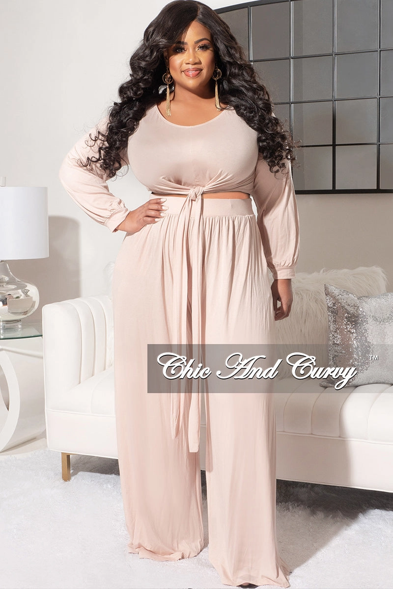 Low Profile NonSlipInnerGrip Final Sale Plus Size 2pc Long Sleeve Tie Top and Pants Set in Nude