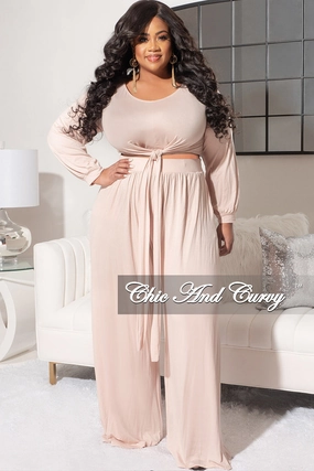 Low Profile NonSlipInnerGrip Final Sale Plus Size 2pc Long Sleeve Tie Top and Pants Set in Nude