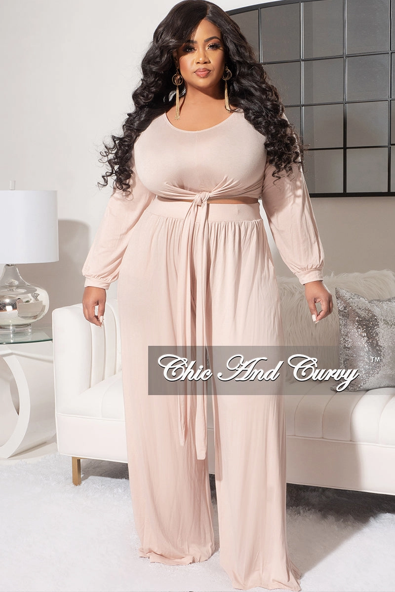 Simple Comfort Final Sale Plus Size 2pc Long Sleeve Tie Top and Pants Set in Nude