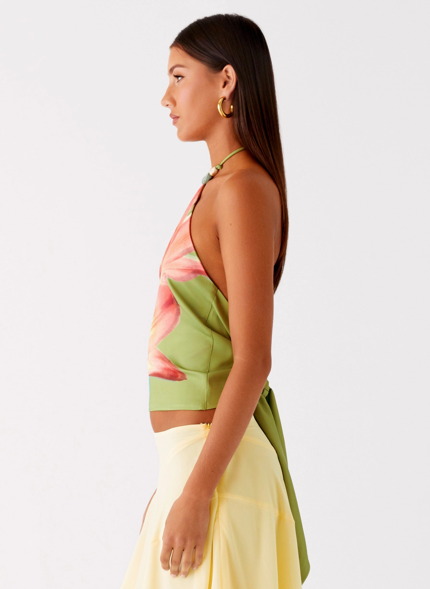 Loreta Beaded Tie Back Top - Jungle Floral ReinforcedHem Breathable mesh