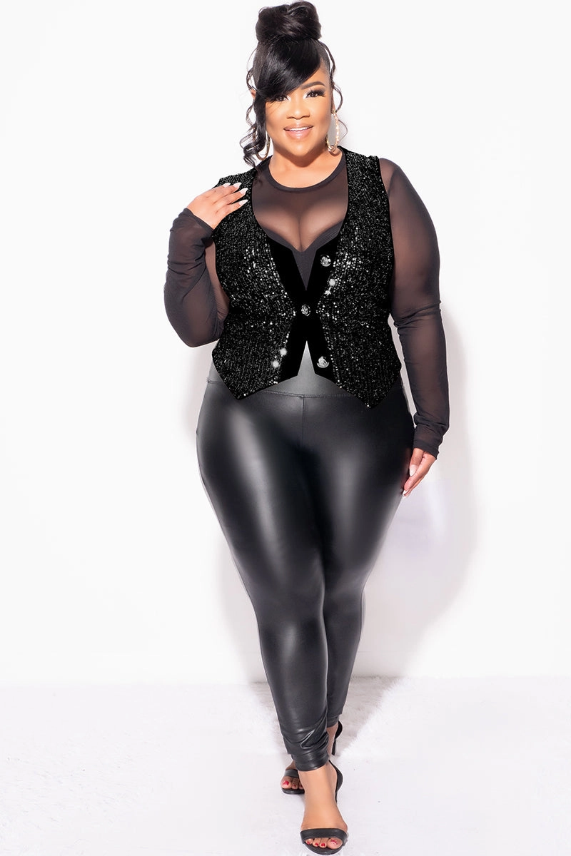 Final Sale Plus Size Sequin Sleeveless Button Up Crop Vest in Black (Vest Only) VentilatedMesh