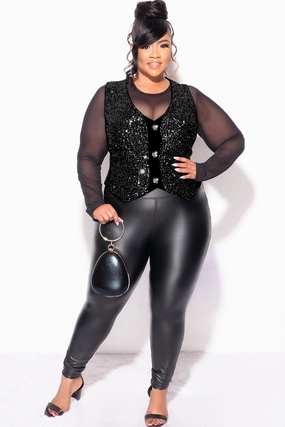 BondedShoulderTaping Final Sale Plus Size Sequin Sleeveless Button Up Crop Vest in Black (Vest Only)