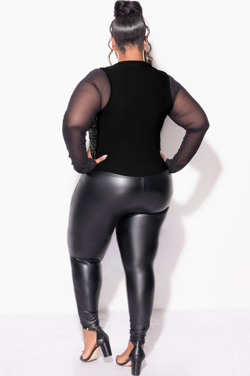 Final Sale Plus Size Sequin Sleeveless Button Up Crop Vest in Black (Vest Only) Hypoallergenic Textile