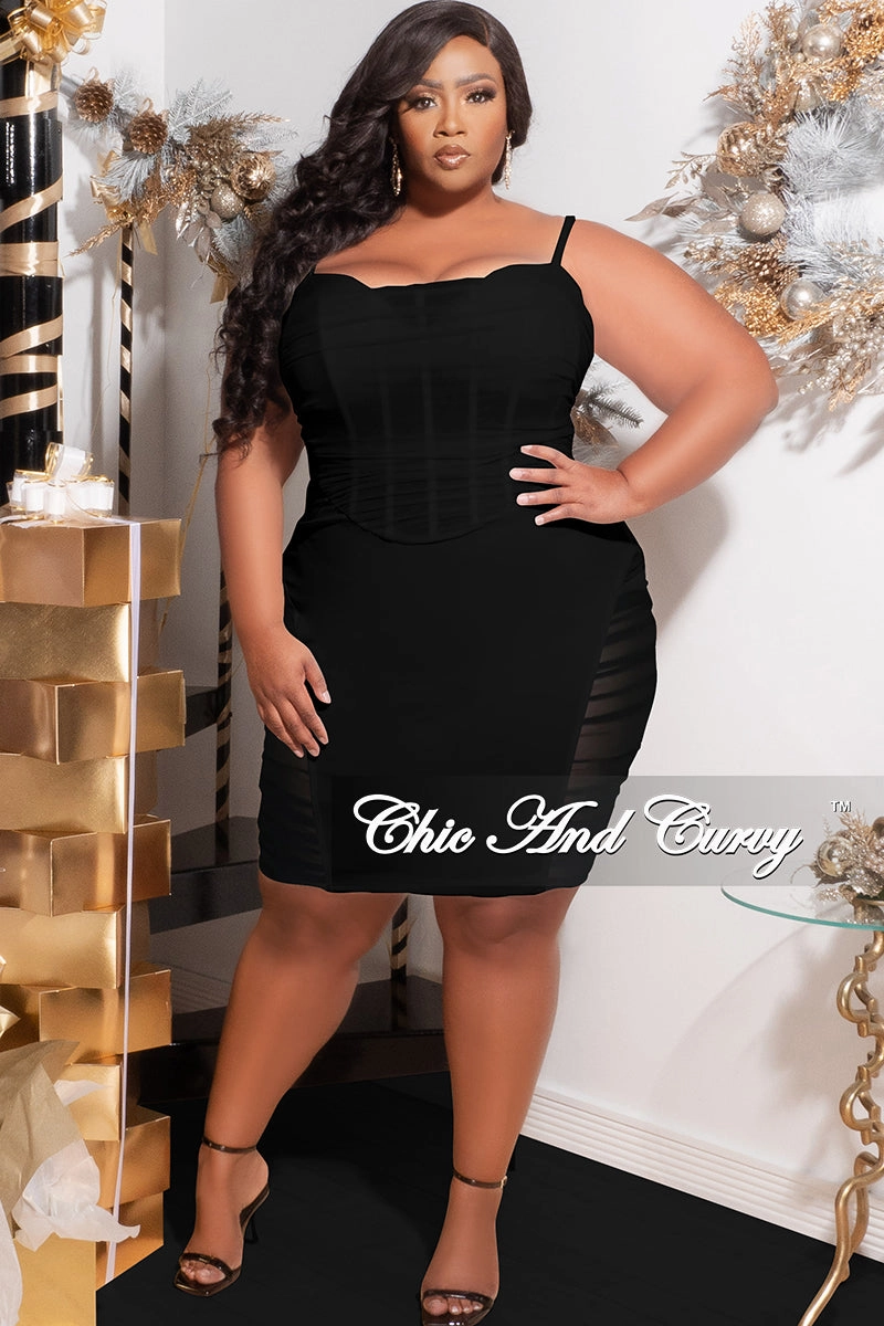 Final Sale Plus Size Sleeveless Midi Dress with Mesh Sides in Black Layered Collar System ButtonDownCollar