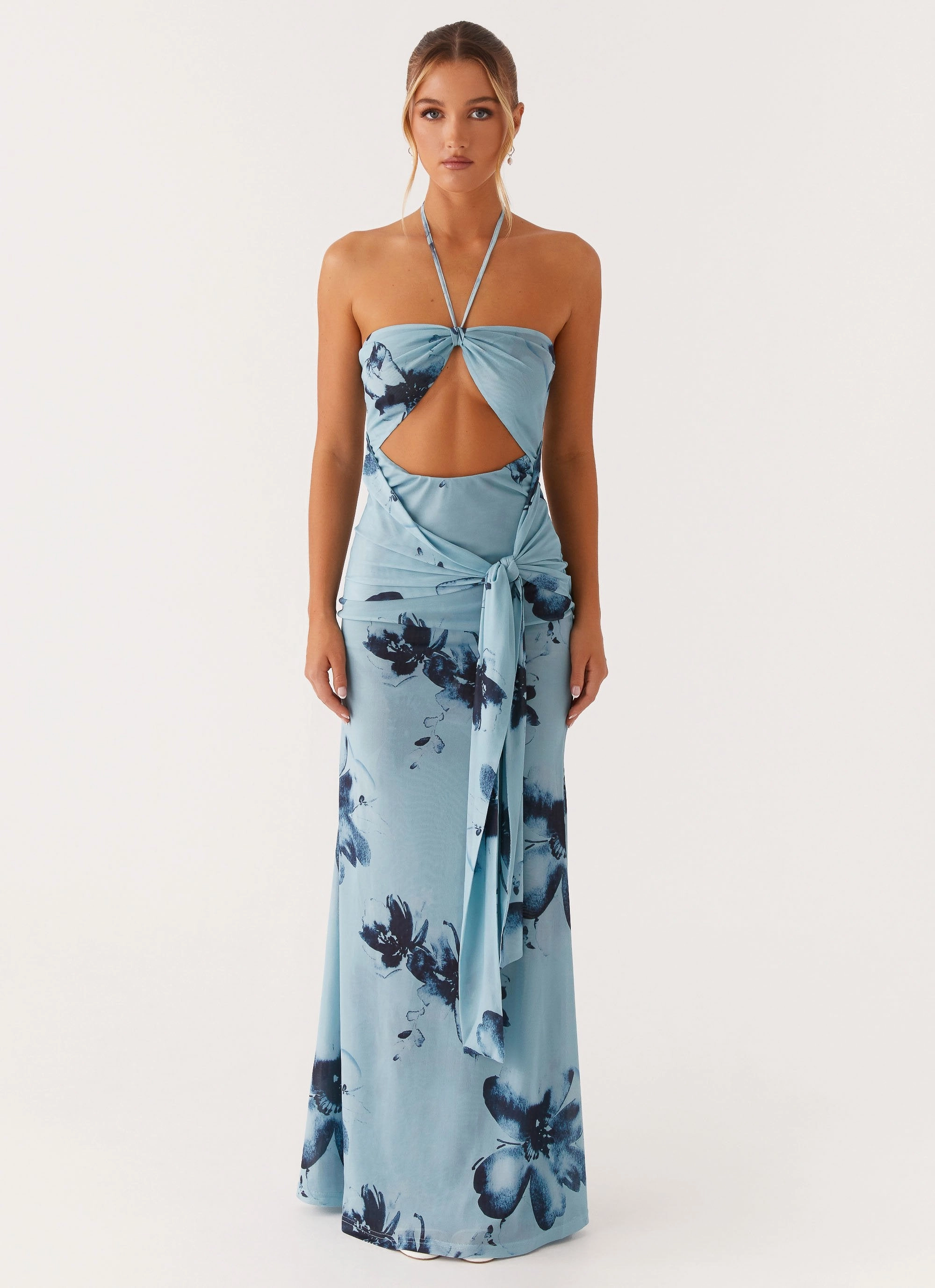 Elegant Wearable Smart Waistband Design Antonia Maxi Dress - Black Blue Floral