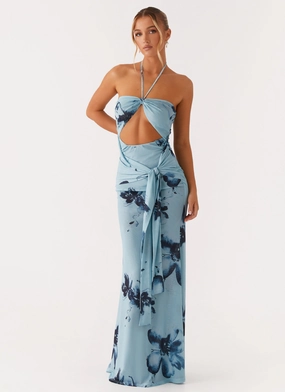 Chilly Day Comfort Antonia Maxi Dress - Black Blue Floral