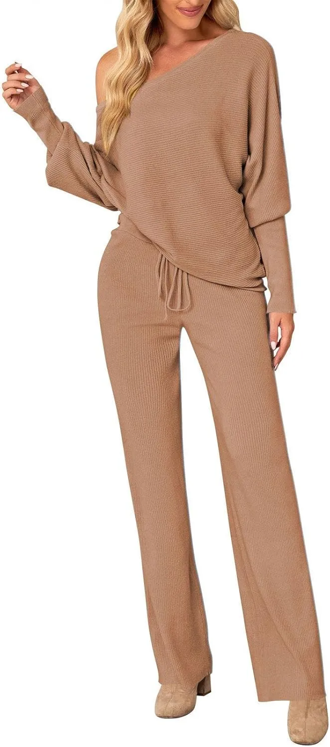 AOHITE Womens 2 Piece Outfits One-Shoulder Knit Pullover Sweaters Top Wide Leg Pants Sets Sweatsuit Tracksuit