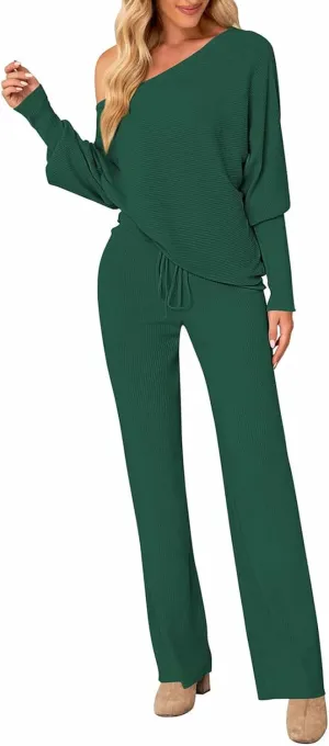 AOHITE Womens 2 Piece Outfits One-Shoulder Knit Pullover Sweaters Top Wide Leg Pants Sets Sweatsuit Tracksuit
