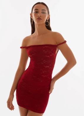 Arabella Lace Twist Shoulder Mini Dress - Red Vibrant color Cold-Shoulder