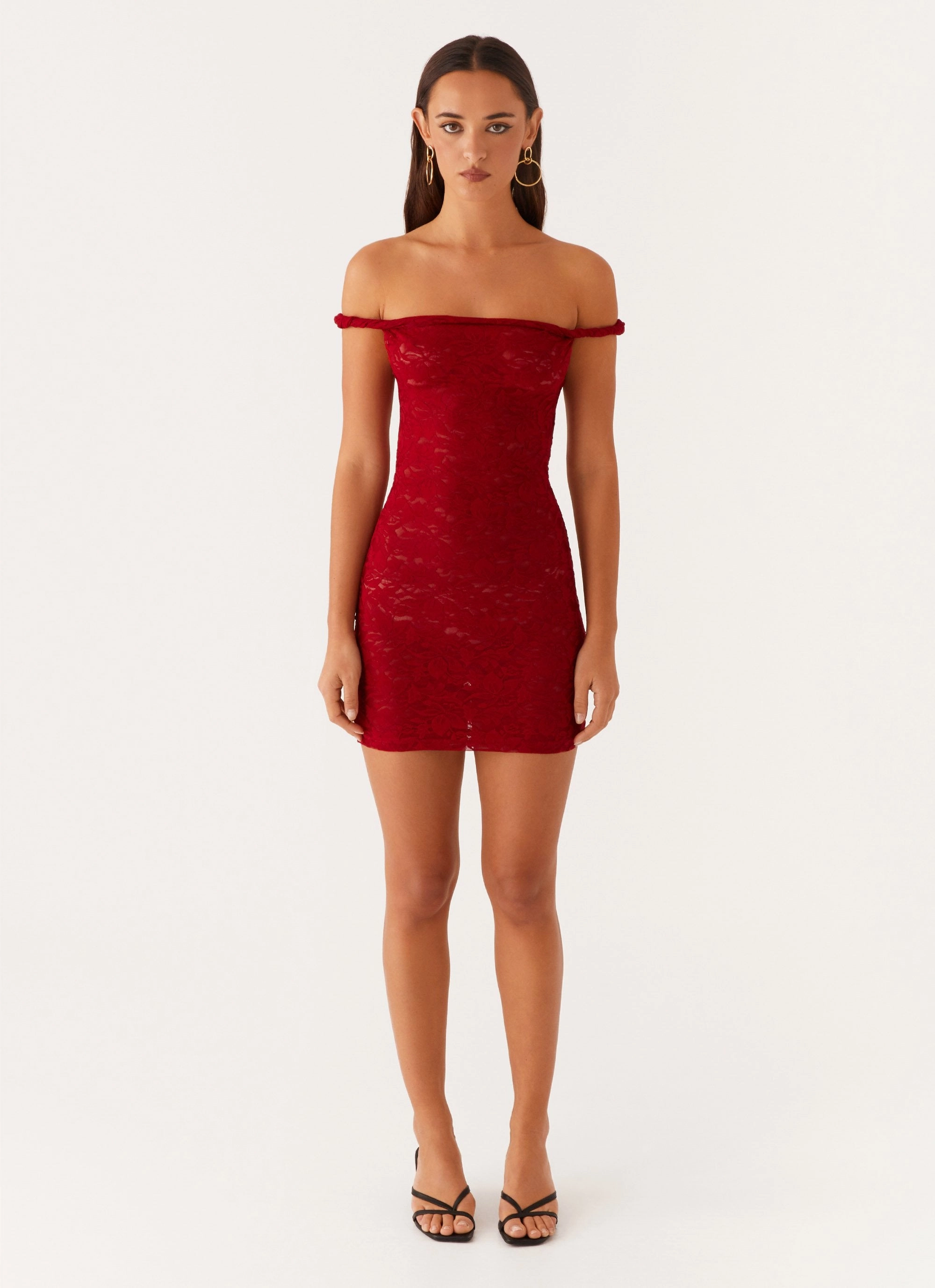Arabella Lace Twist Shoulder Mini Dress - Red Knit Cool WaterRepellentCoating