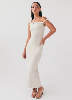 Arabella Twist Shoulder Maxi Dress - Beige Fold-Over-Detail