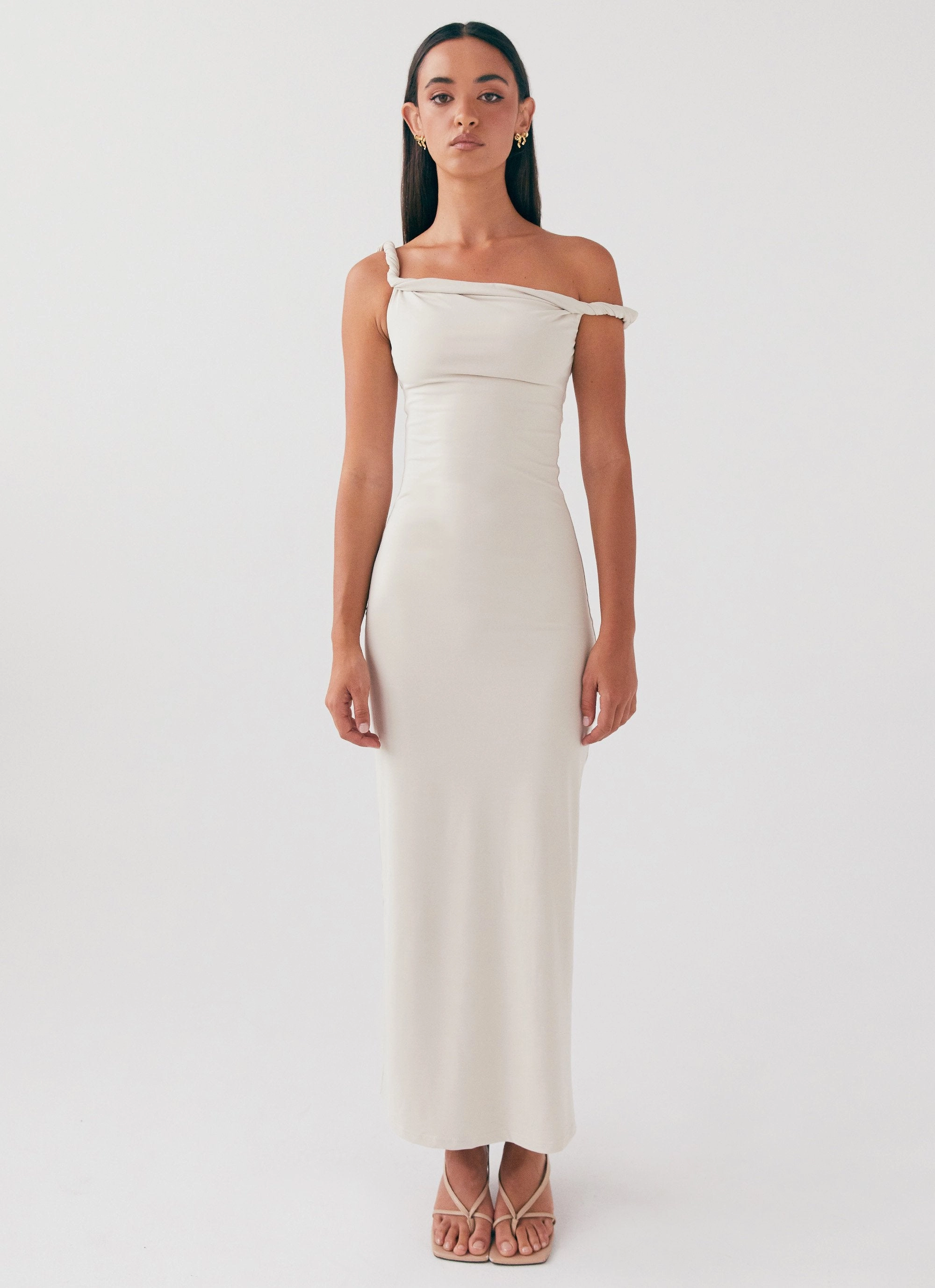 Arabella Twist Shoulder Maxi Dress - Beige Social Ease Versatile dress for layering