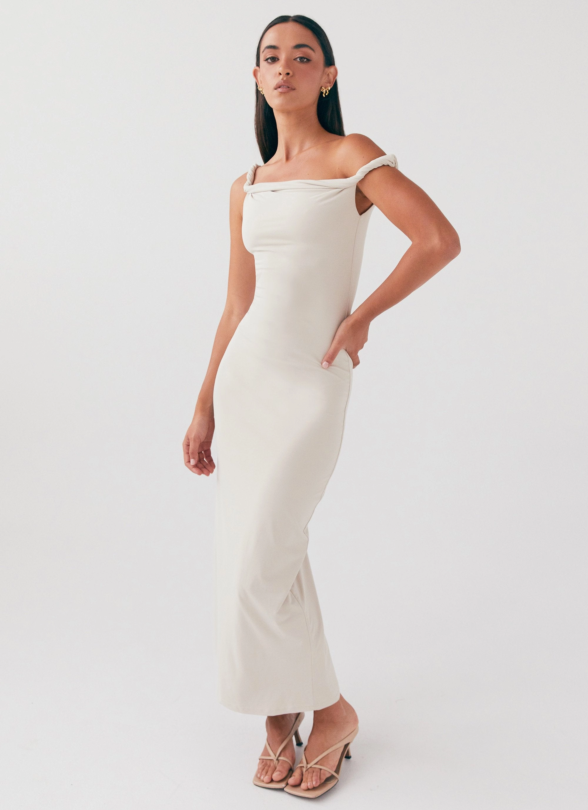 Arabella Twist Shoulder Maxi Dress - Beige Fold-Over-Detail