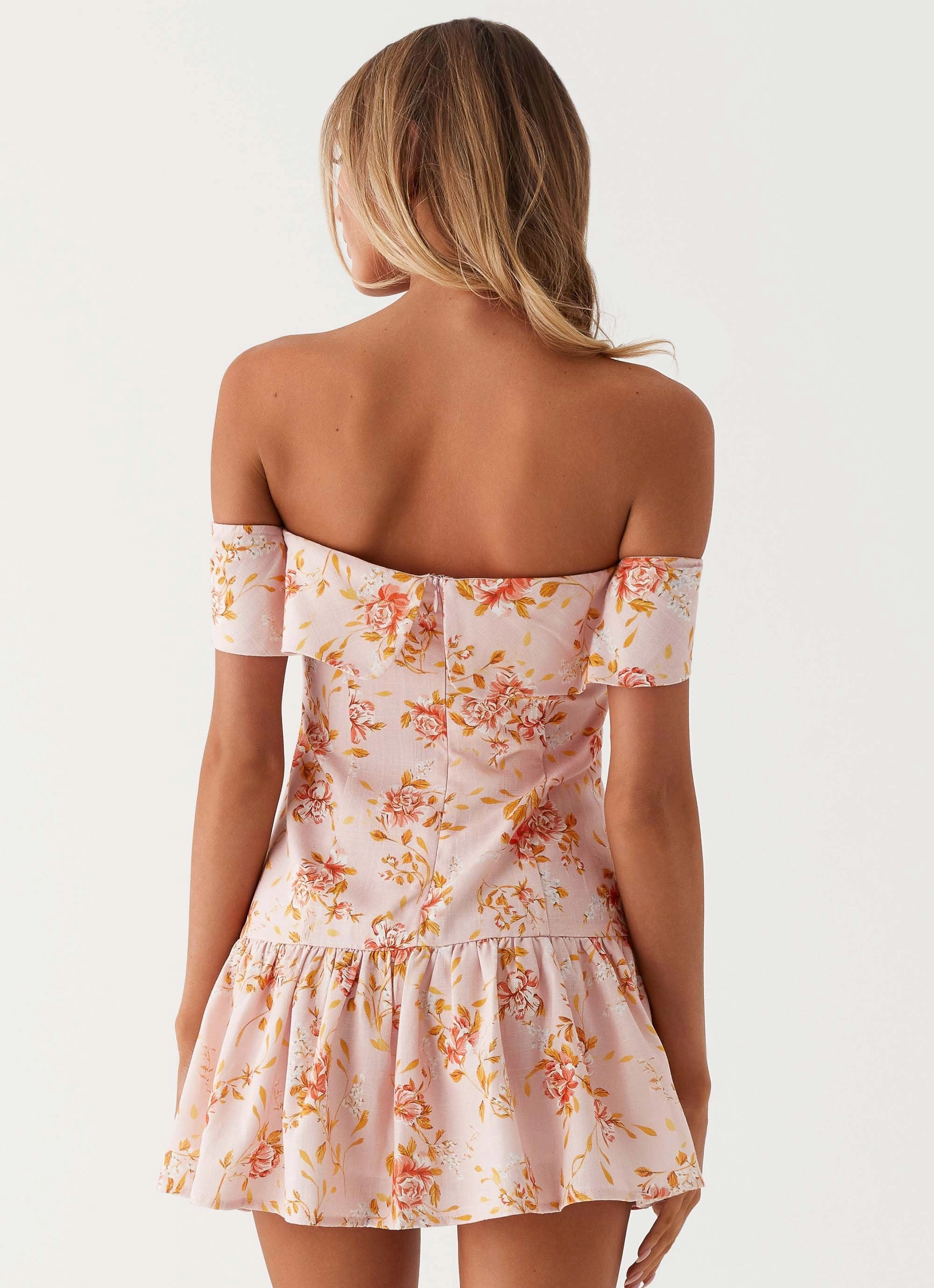 Aries Off Shoulder Linen Mini Dress - Pink Floral Trendy Cut
