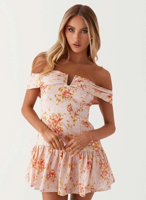 Aries Off Shoulder Linen Mini Dress - Pink Floral Comfortable Waistband