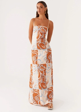 Aster Bloom Maxi Dress - Orange Blue Floral Trendy pick Subtle-Print