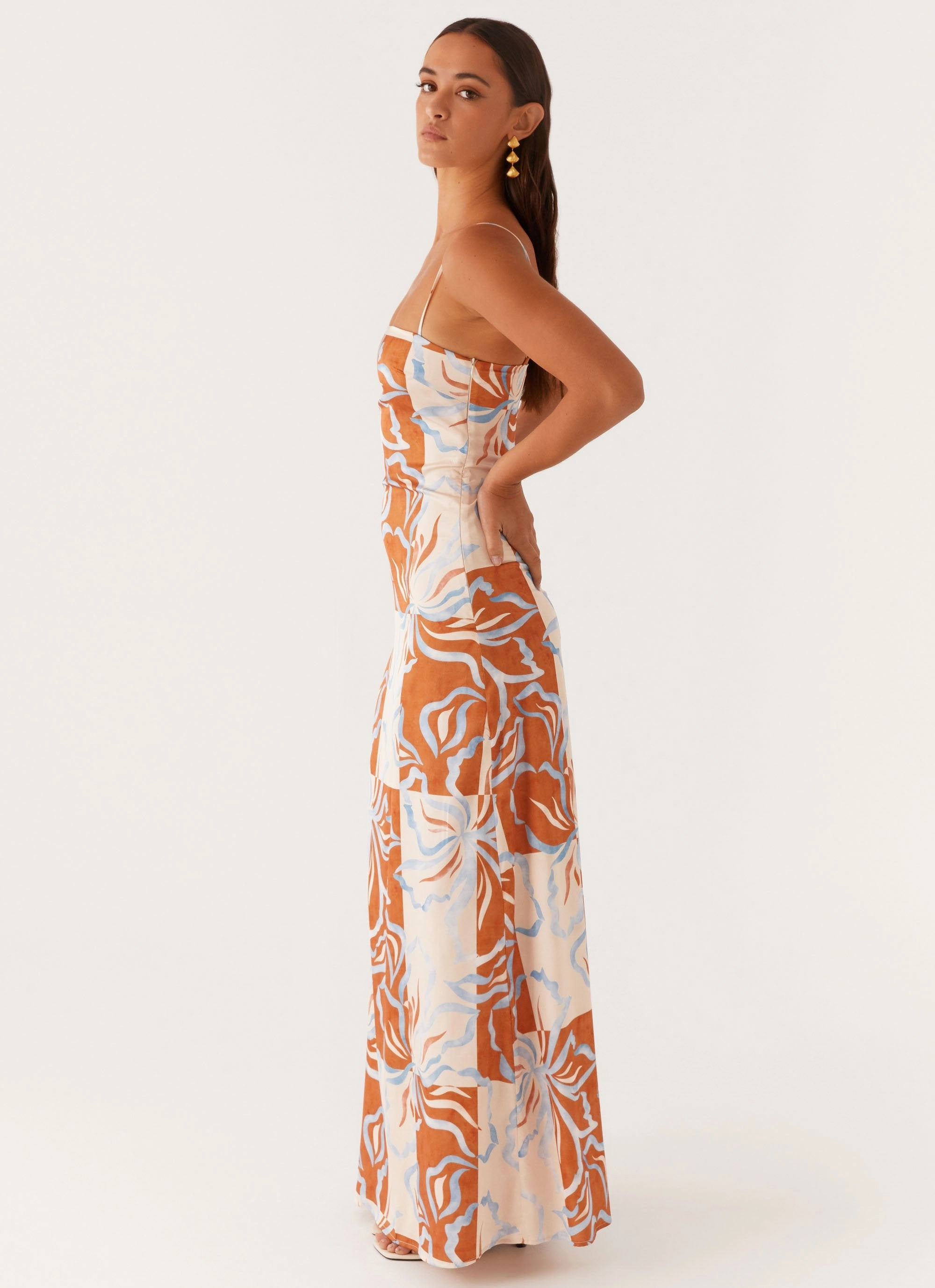 Aster Bloom Maxi Dress - Orange Blue Floral Luxurious Texture urban vibe