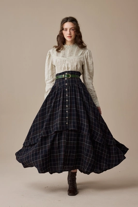 Christina 19 |Retro Layered Wool Skirt AntiStaticFinish Contrast Stitch Accent