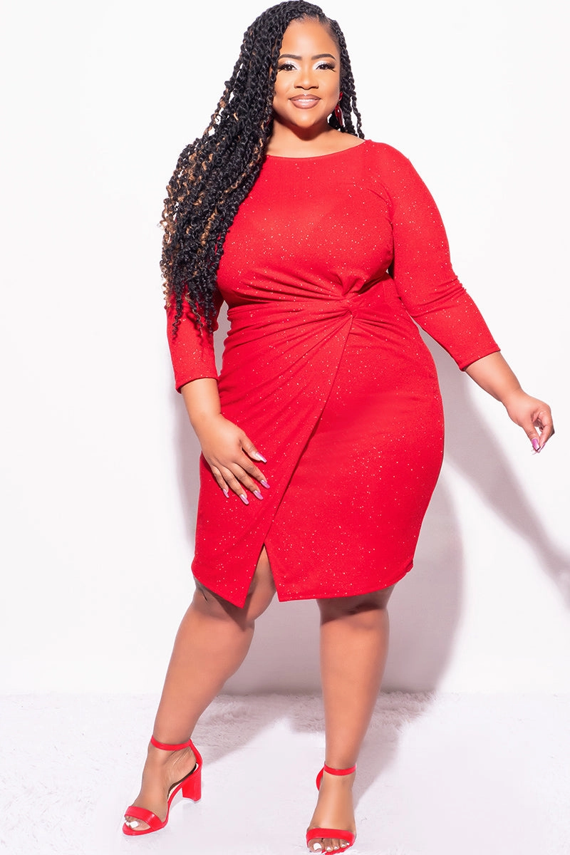 DurableWeave Final Sale Plus Size Glitter BodyCon with Front Overlay and Ruched Side in Red
