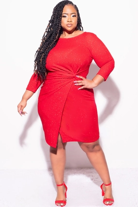 PlushLining Relaxed Dress Final Sale Plus Size Glitter BodyCon with Front Overlay and Ruched Side in Red