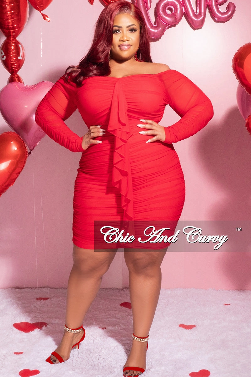 Elasticated Trim Final Sale Plus Size Ruched Off The Shoulder Mini Dress with Center Sash in Red Mesh