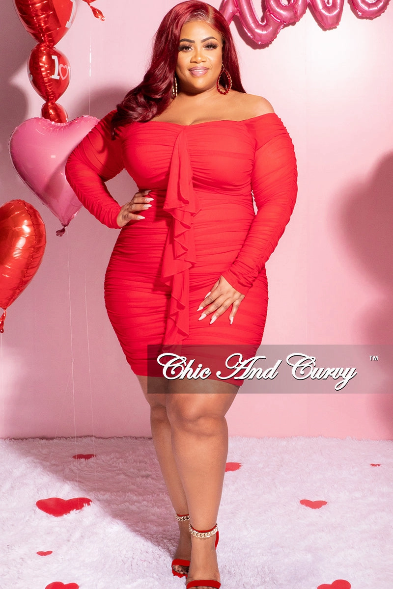 Airflow Weave Pattern Final Sale Plus Size Ruched Off The Shoulder Mini Dress with Center Sash in Red Mesh