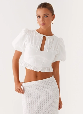 Garment Washed Finish standard fit Megan Balloon Sleeve Top - White