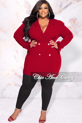 Stretchable Waistband PreShrunk Fabric Final Sale Plus Size Button Blazer Dress with Feather Cuffs in Red