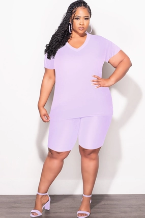 Final Sale Plus Size 2pc V Neck Biker Shorts Set in Lavender Comfort Style AbrasionResistantPanels