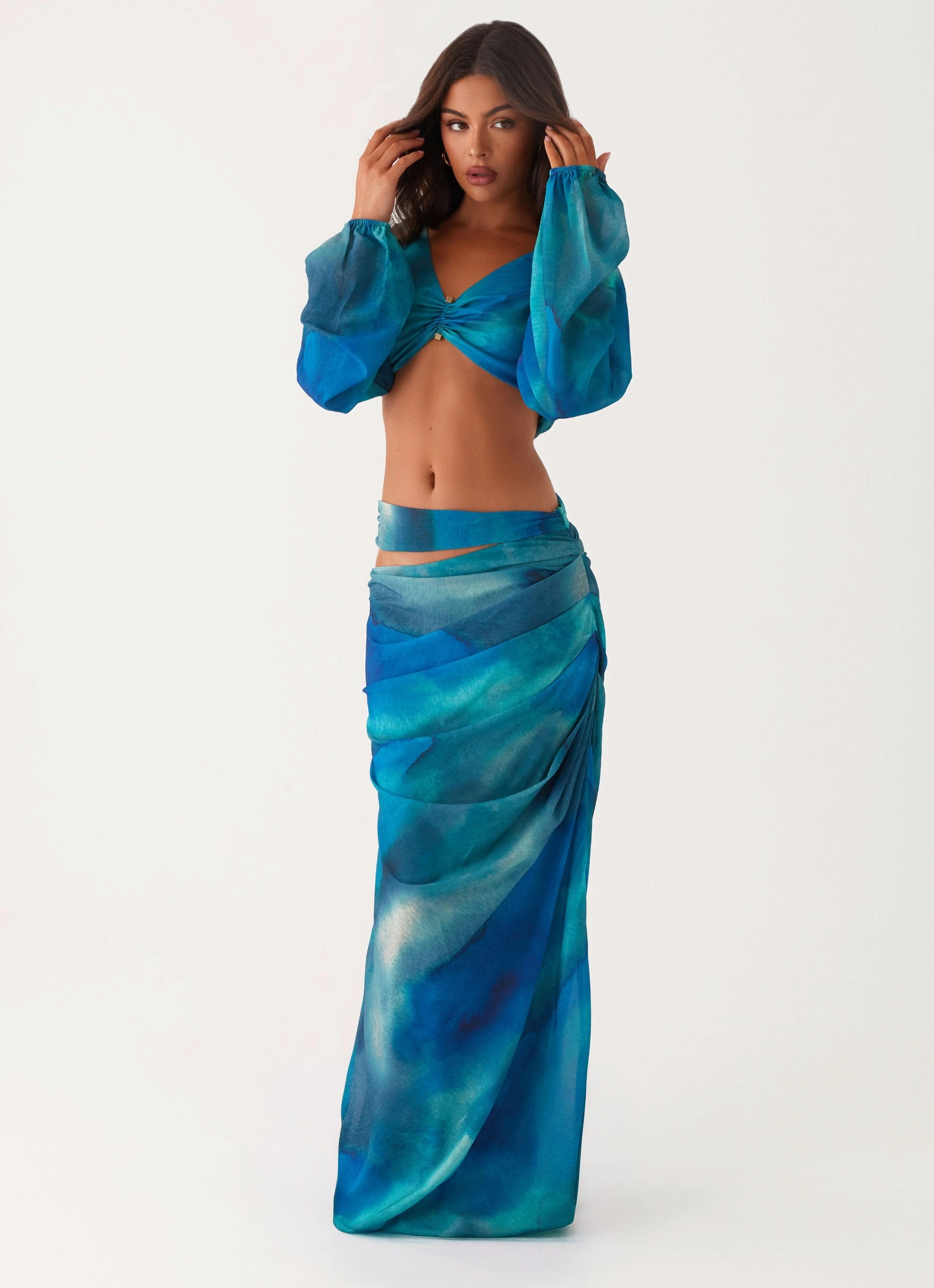 Comfy Ease Recycled Polyester Austin Cut Out Maxi Skirt - Blue Tie Dye