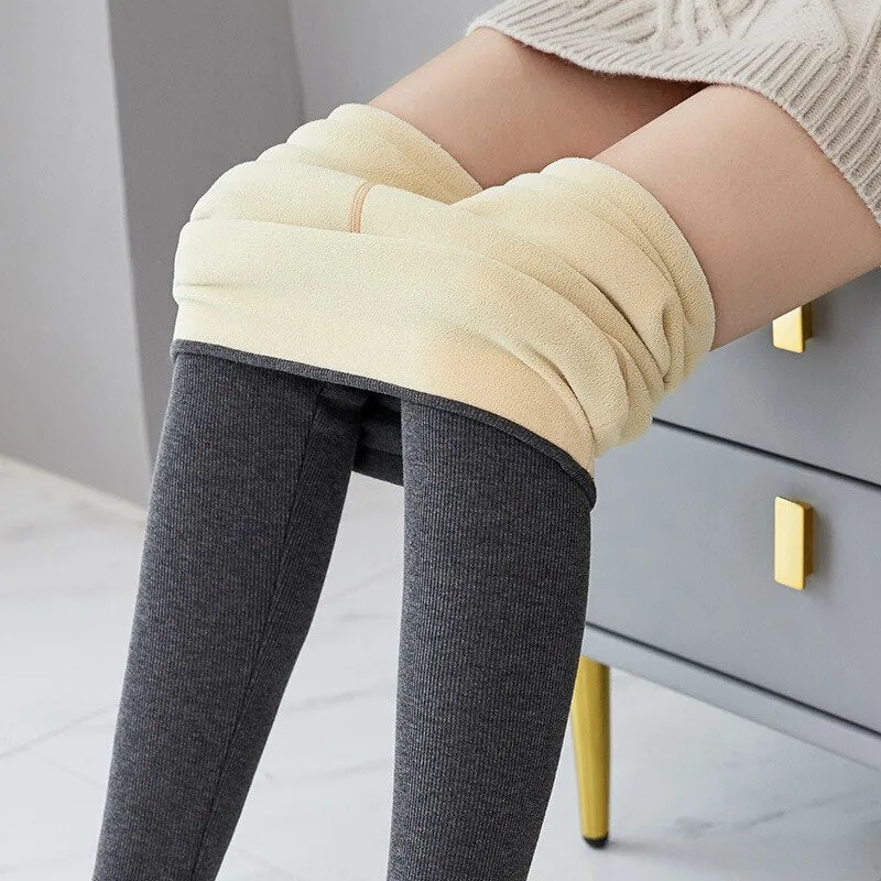 Autumn Winter Leggings Solid Threaded Plus Velvet Thickening