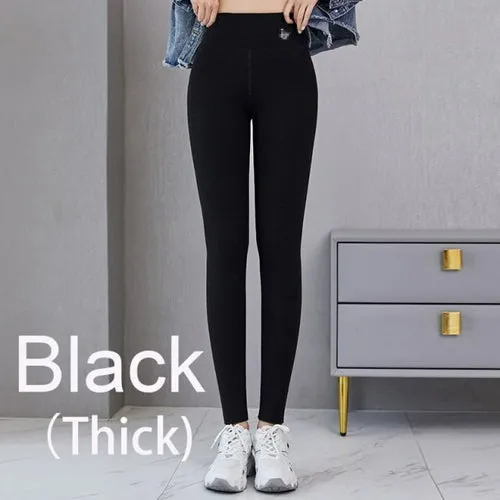 Autumn Winter Leggings Solid Threaded Plus Velvet Thickening