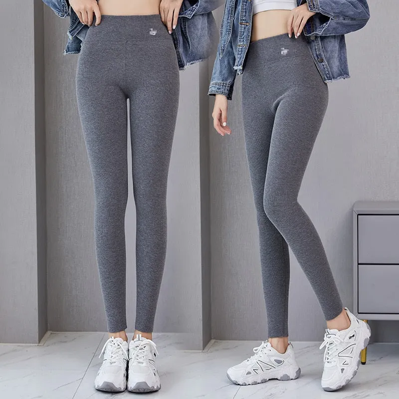 Autumn Winter Leggings Solid Threaded Plus Velvet Thickening