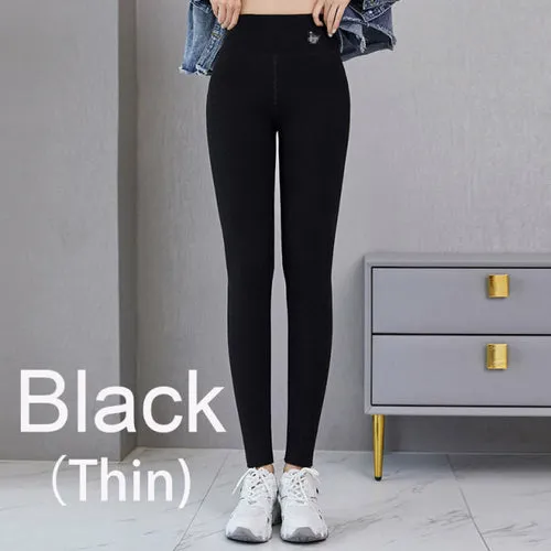 Autumn Winter Leggings Solid Threaded Plus Velvet Thickening