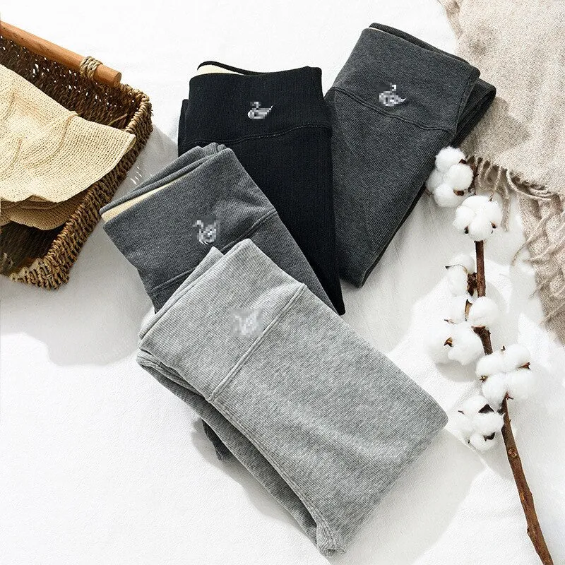 Autumn Winter Leggings Solid Threaded Plus Velvet Thickening
