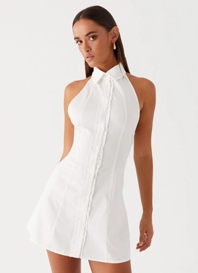 Dallas Collared Mini Dress - White Basic Cool Ruffle Detail