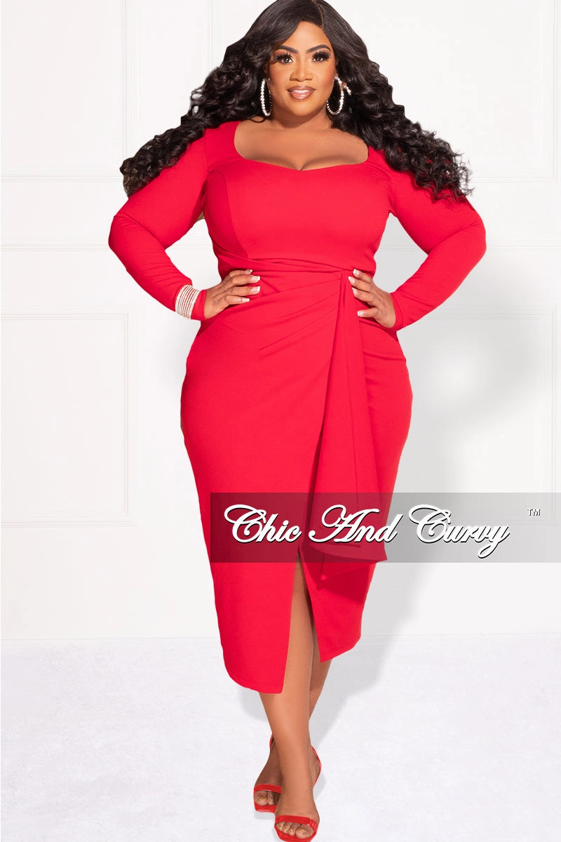 Available Online Only - Final Sale Plus Size BodyCon Dress with Wrap Skirt in Red YarnDyeStripe