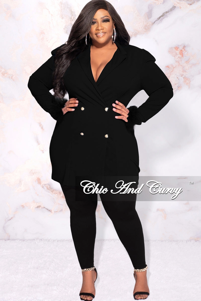 Available Online Only - Final Sale Plus Size Button Blazer Dress with Feather Cuffs in Black Loose Sweater Durable Weave