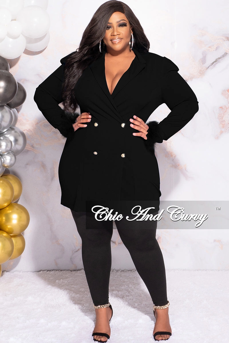 Resilient Elasticity Available Online Only - Final Sale Plus Size Button Blazer Dress with Feather Cuffs in Black