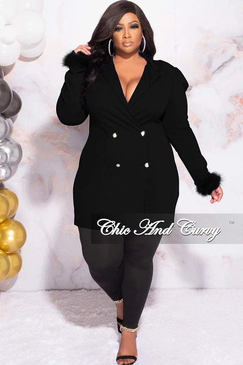 Bamboo Derived Material Available Online Only - Final Sale Plus Size Button Blazer Dress with Feather Cuffs in Black