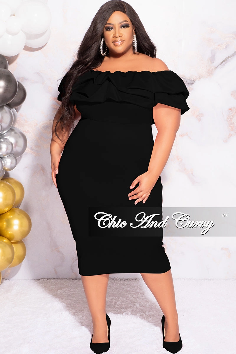 Reinforced Seams OversizedSilhouette Available Online Only - Final Sale Plus Size Off the Shoulder Ruffle BodyCon Dress in Black