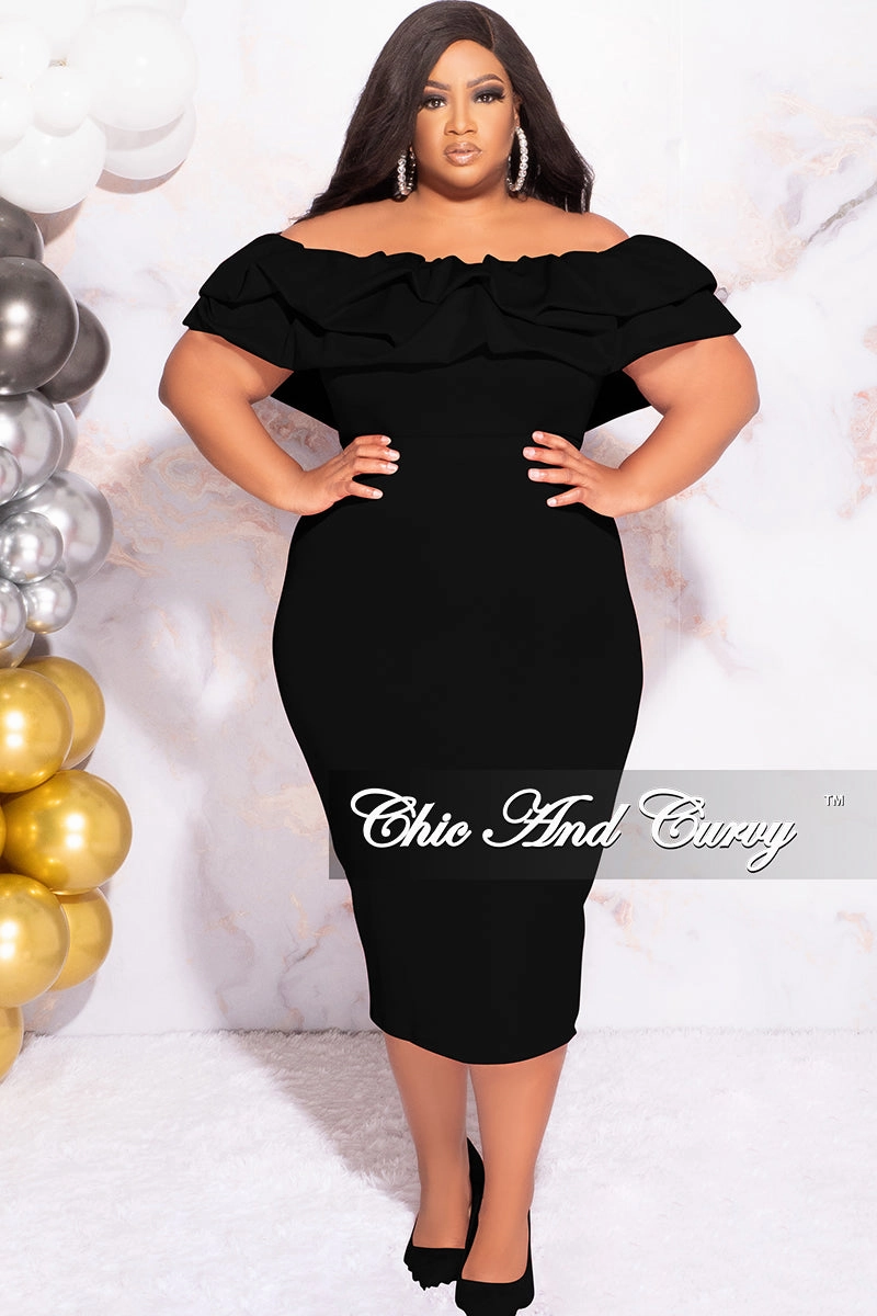 Available Online Only - Final Sale Plus Size Off the Shoulder Ruffle BodyCon Dress in Black PlacketDetail NonIrritating Stitching