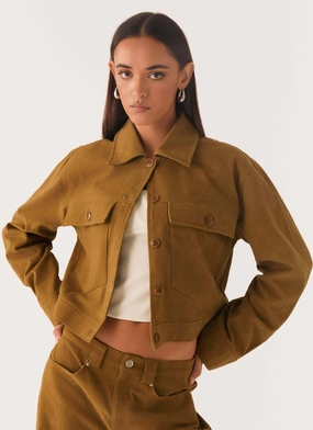 Avi Boxy Jacket - Brown Plaid Print Water Based Coating