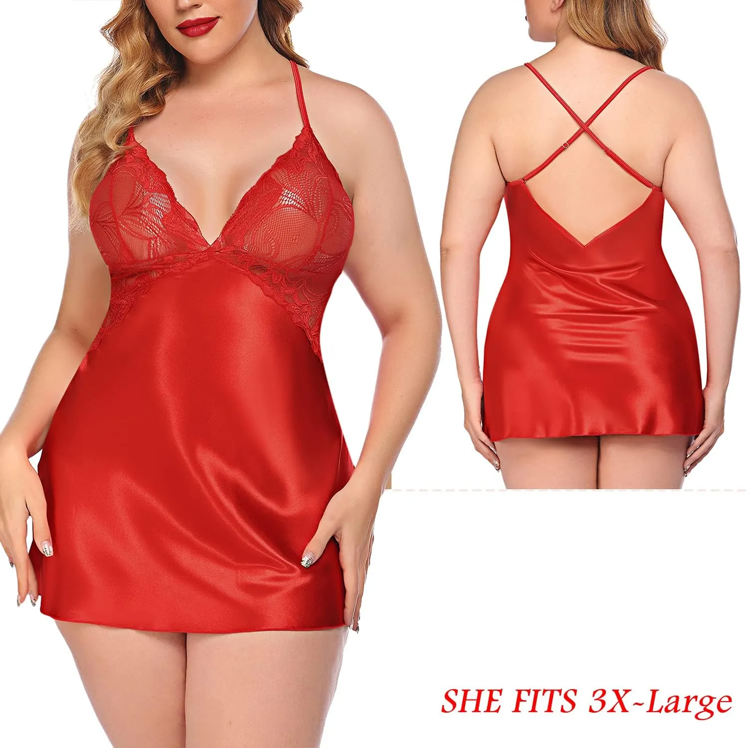 Avidlove Women Lingerie V Neck Nightwear Satin Sleepwear Lace Chemise Mini Teddy