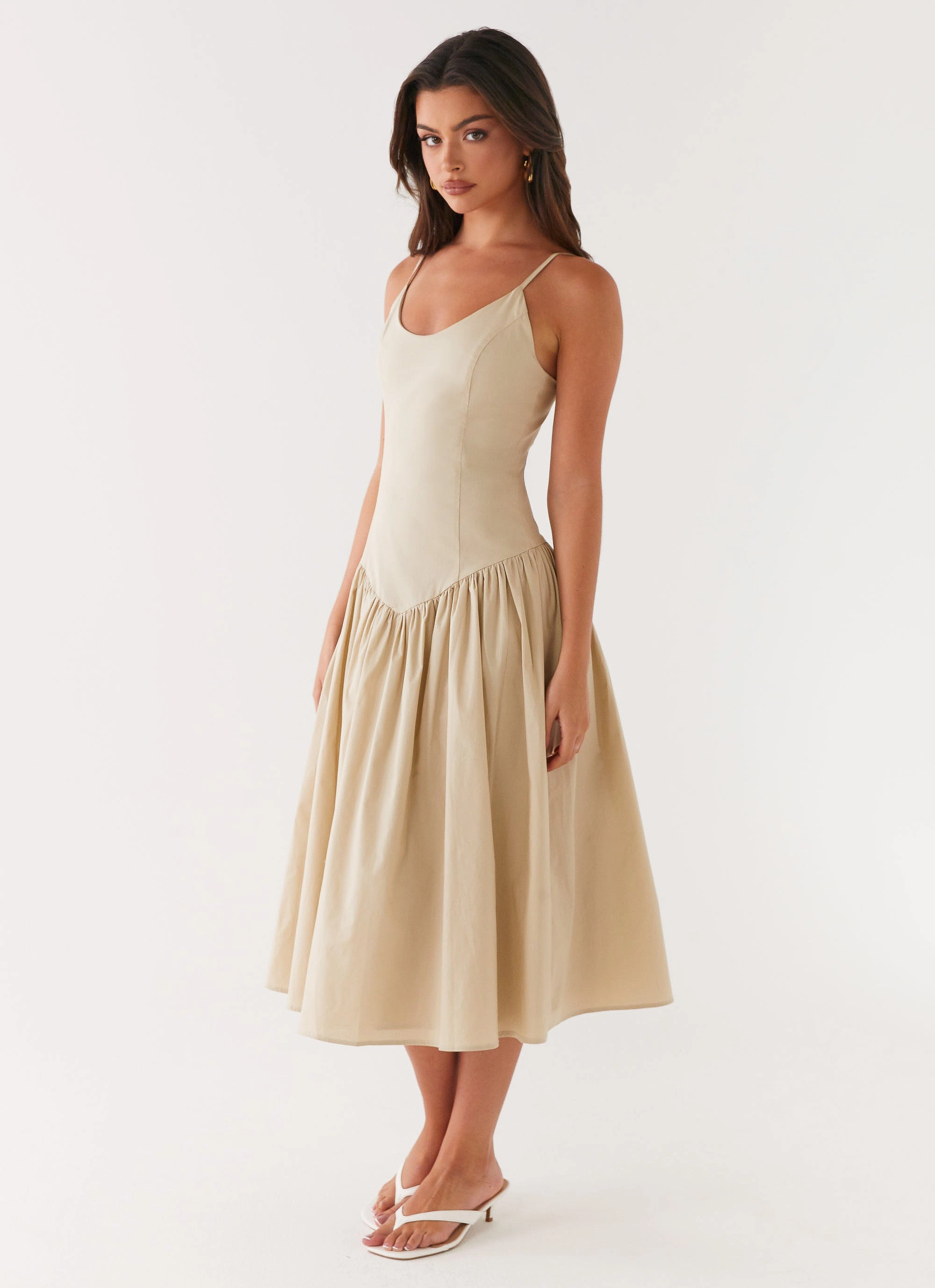 Lace-Sleeve Azalea Midi Dress - Beige