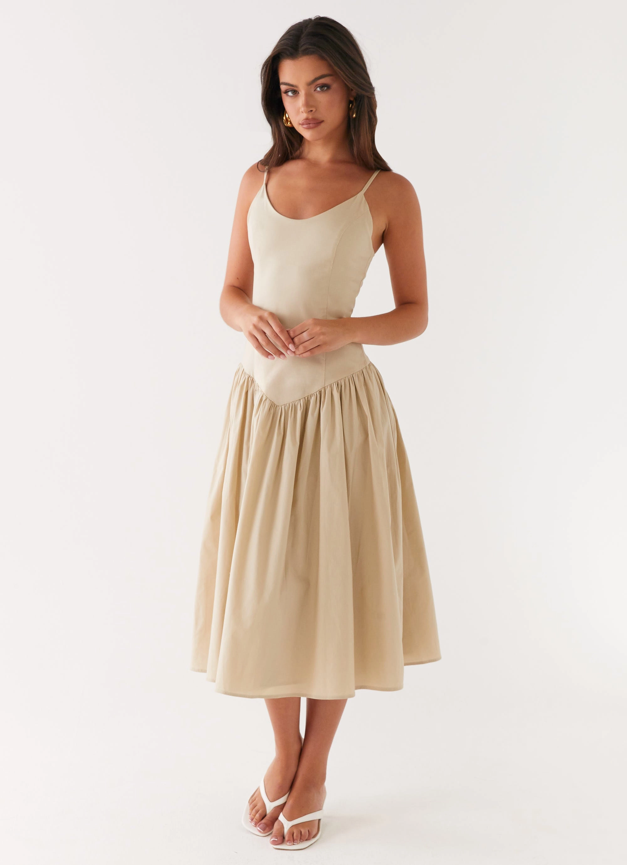 Azalea Midi Dress - Beige Relaxed Waistband Shiny Zip