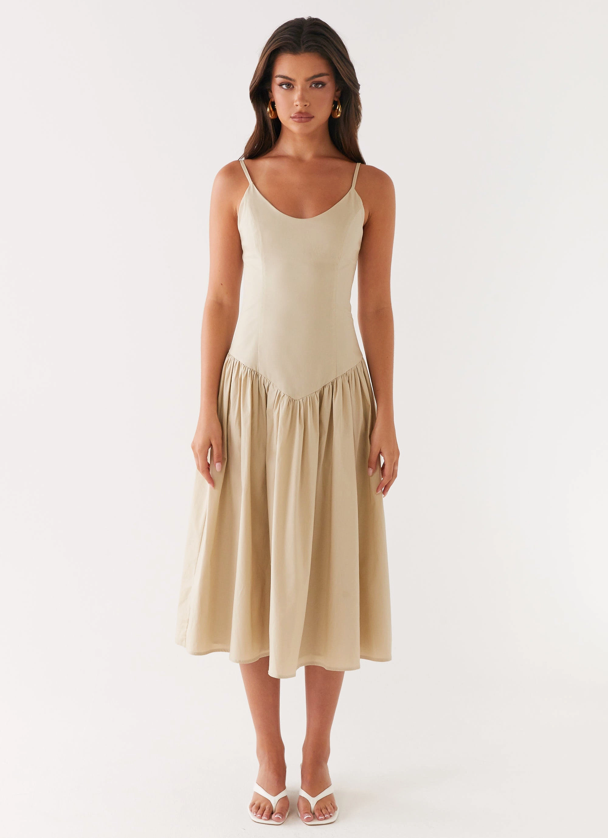 Clean Chic Cinched-Waist Azalea Midi Dress - Beige
